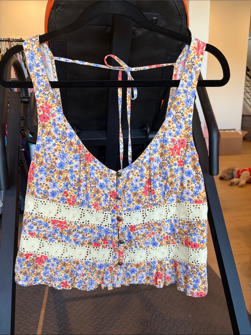 Free People Floral Lace-Trim Cropped Camisole in Blue, Cream & Red
